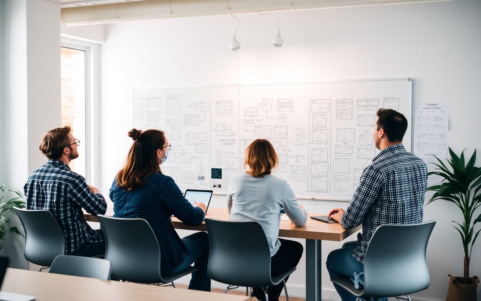 A small team reviewing wireframes and diagrams on a whiteboard in a bright meeting room