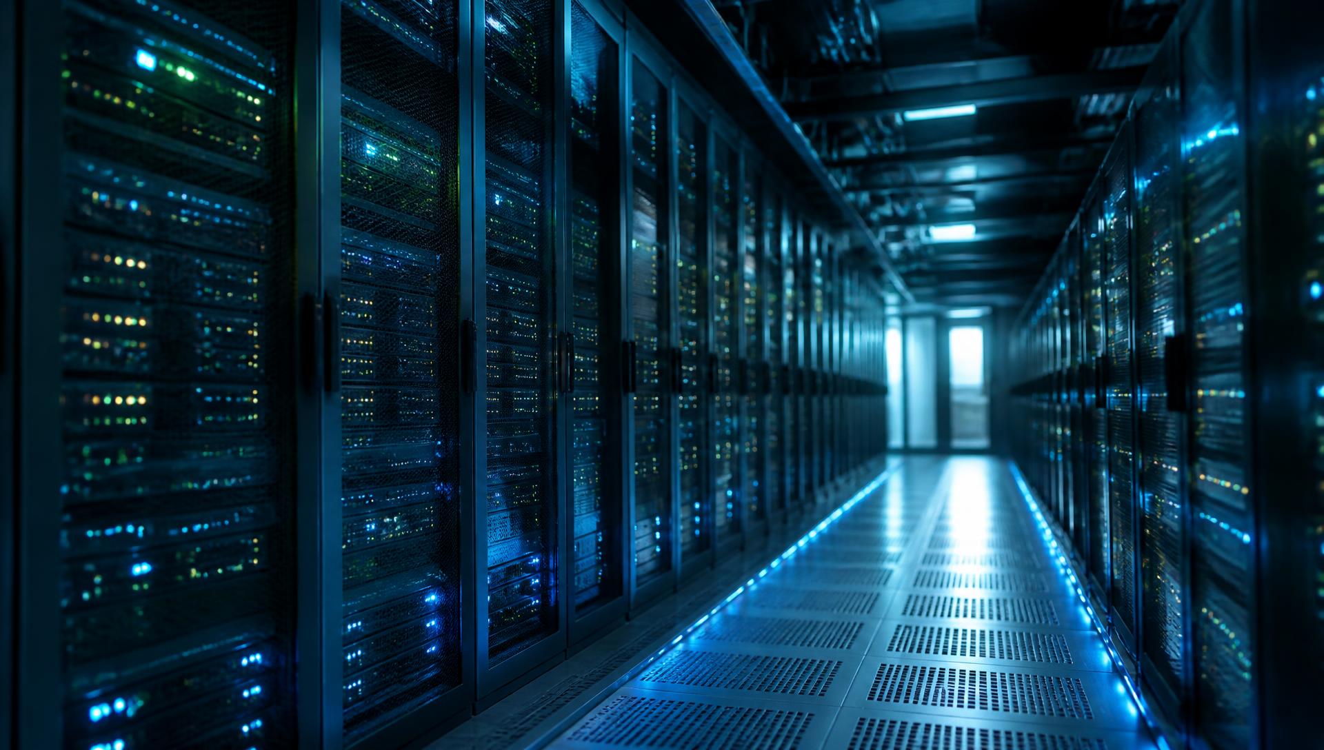 Server racks lit by blue indicator lights inside a modern data centre corridor