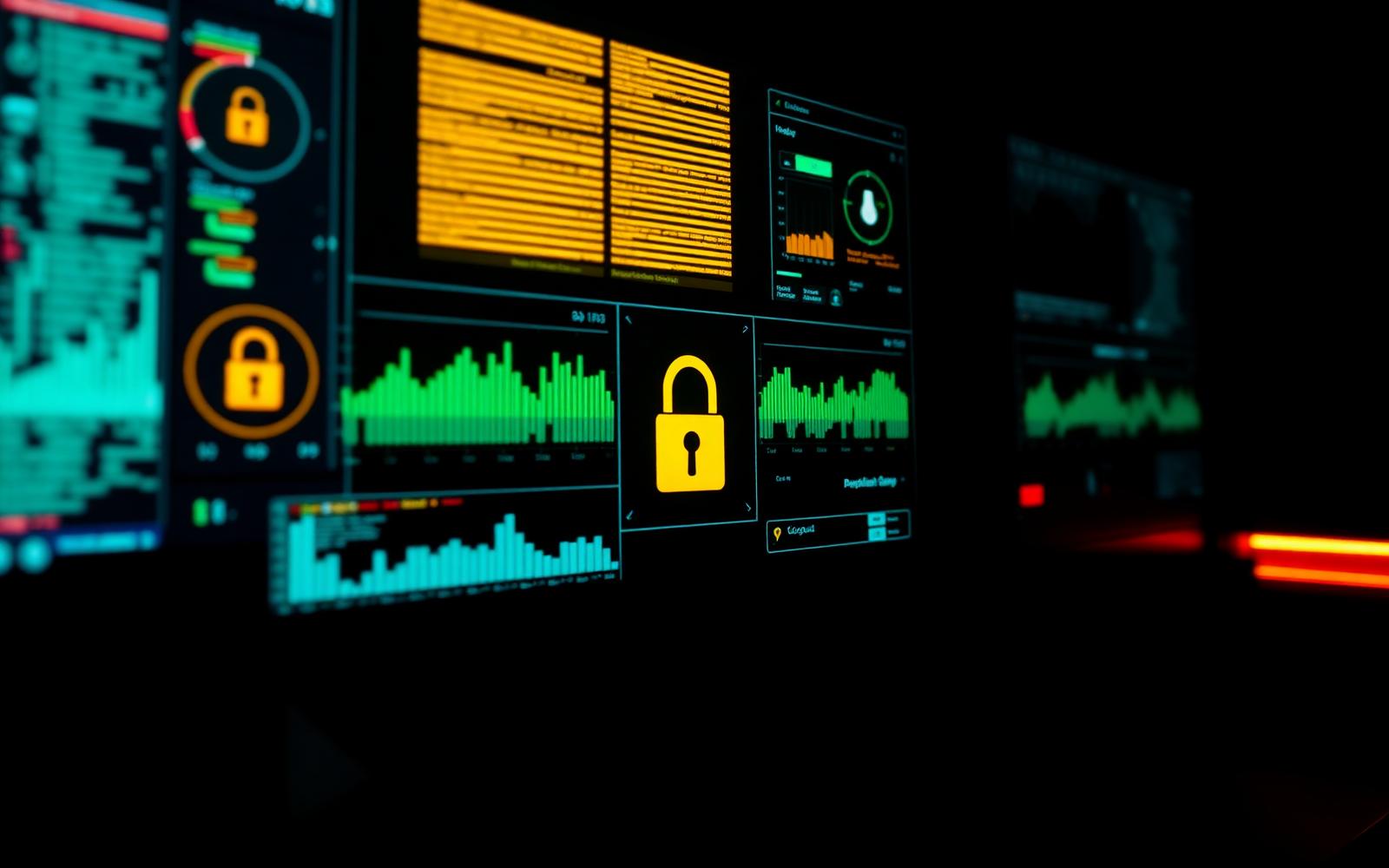 Security monitoring dashboards showing charts and padlock indicators on dark screens