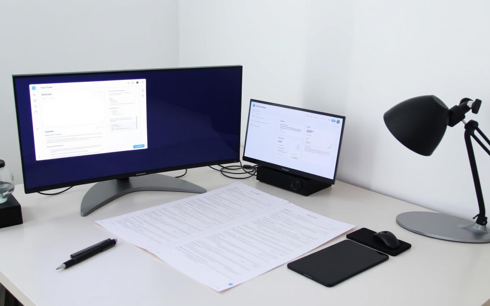 Interface mockups shown on desktop screens beside printed wireframe sheets